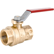 Brass ball valve with red lever handle and threaded connections on both ends.