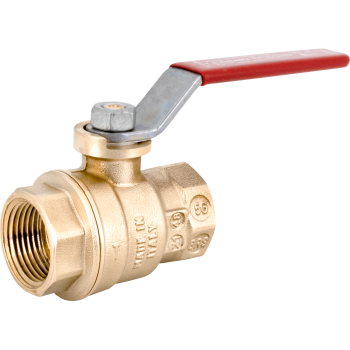 Forged brass ball valve with 3/8 inch female threaded connections and red lever handle.
