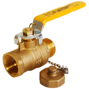Brass ball valve with yellow handle, threaded ports, and detached brass cap with chain.
