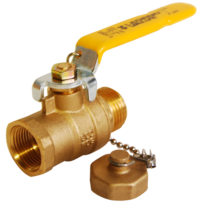 Brass ball valve with yellow handle, threaded ports, and detached brass cap with chain.