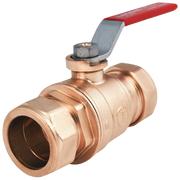 Brass ball valve with 3/4 inch compression fittings and red lever handle.