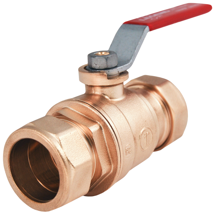 Brass ball valve with 3/4 inch compression fittings and red lever handle.