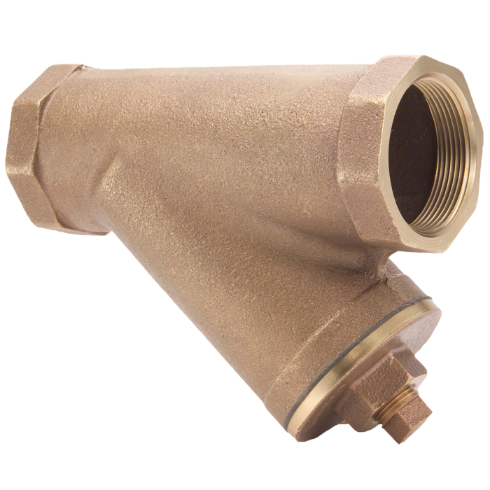 Bronze Y-strainer valve with threaded inlet and outlet ports, featuring a drain plug at the bottom.