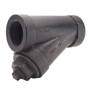 Cast iron Y-strainer with threaded inlet and outlet ports, drain plug at bottom.