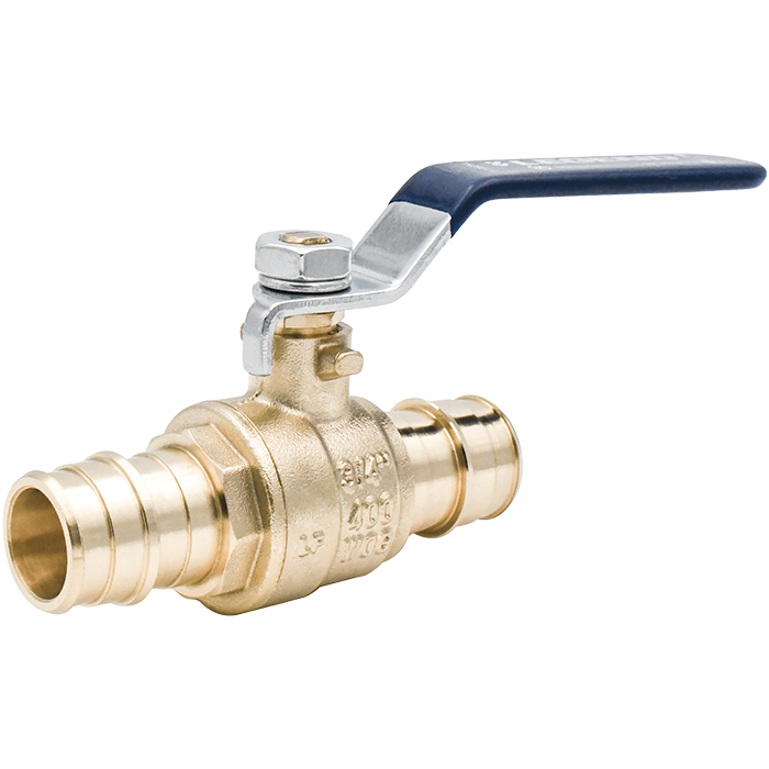Brass ball valve with blue lever handle and two PEX expansion connections.