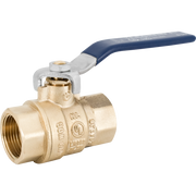 Brass ball valve with blue lever handle and female threaded ports on both ends.