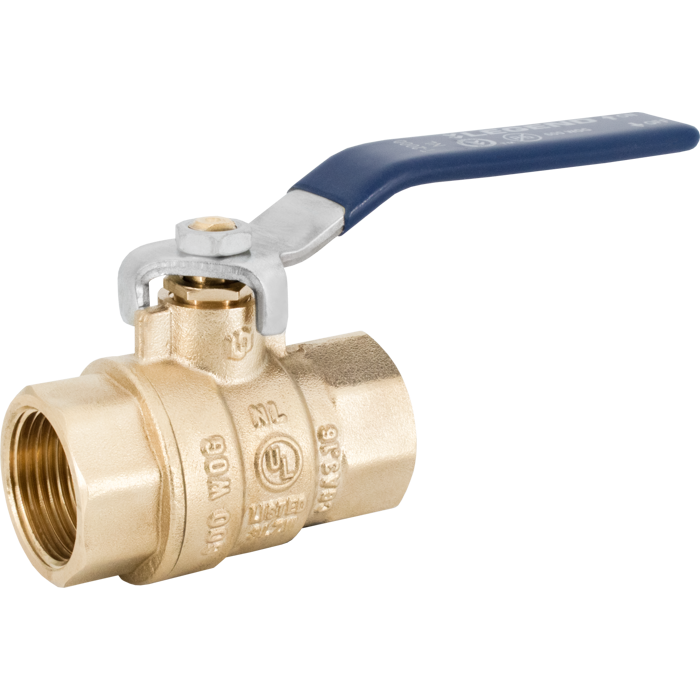 Brass ball valve with blue lever handle and female threaded ports on both ends.