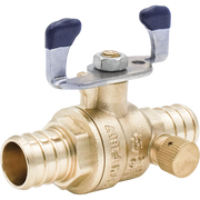 Brass PEX ball valve with dual blue handles, center control knob, and small drain plug on side.