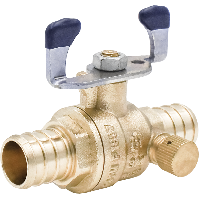 Brass PEX ball valve with dual blue handles, center control knob, and small drain plug on side.