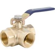 Brass three-way ball valve with blue handle and three female threaded ports arranged in T-configuration.