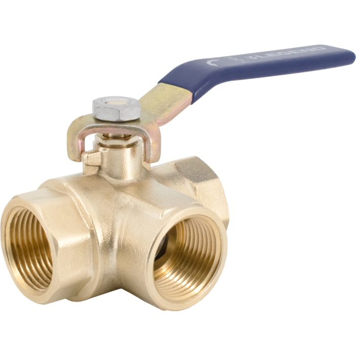 Brass three-way ball valve with blue handle and three female threaded ports arranged in T-configuration.
