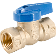 Brass meter coupling with 1/2 inch male pipe thread and AWWA connection, blue lever handle, embossed markings.