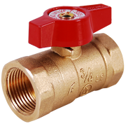 Forged brass gas ball valve with red handle and 1/2 inch threaded connections.