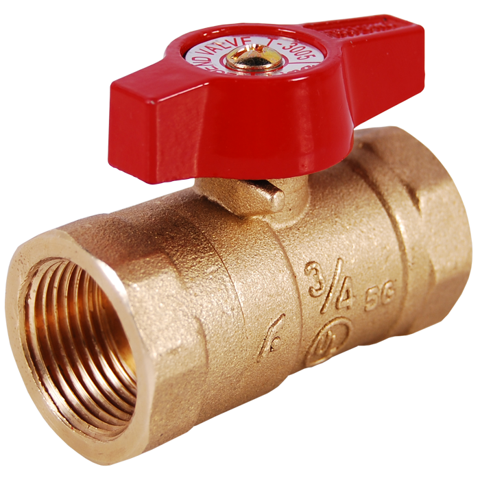 Forged brass gas ball valve with red lever handle and threaded female connections on both ends.