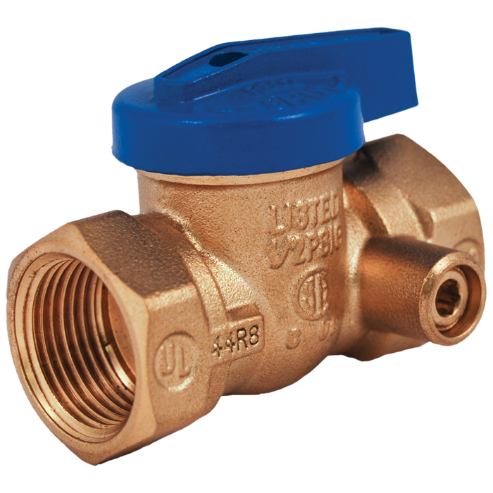 Forged brass gas valve with 3/4 inch female threads, blue lever handle, and side tap outlet.