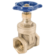 Brass gate valve with blue hand wheel and threaded inlet, 1-1/4 inch size.