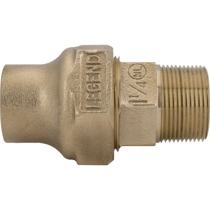 Bronze Legend valve coupling with flare connection on left and threaded male outlet on right.