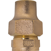 Bronze flare x female NPT coupling with hexagonal nut and ferrule ring connection.