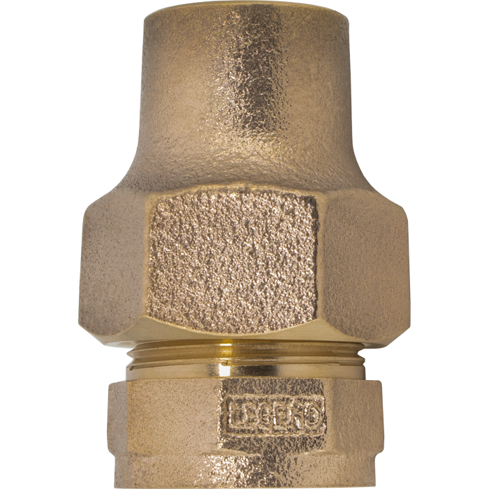 Bronze flare x female NPT coupling with hexagonal nut and ferrule ring connection.