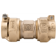 Bronze union valve with pack joint connections on both ends and shutoff valve on left side.