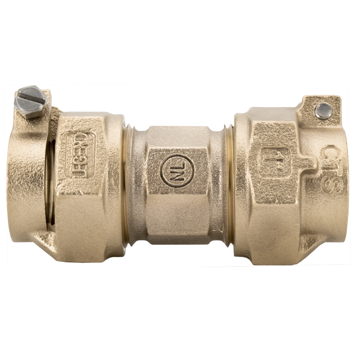 Bronze union valve with pack joint connections on both ends and shutoff valve on left side.