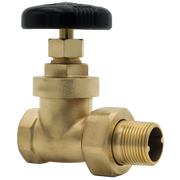 Brass radiator gate valve with black handle and threaded male connection outlet.