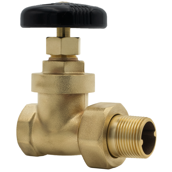 Brass radiator gate valve with black handle and threaded male connection outlet.