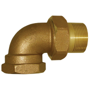 Bronze 90-degree union elbow fitting with threaded and socket connections on white background.