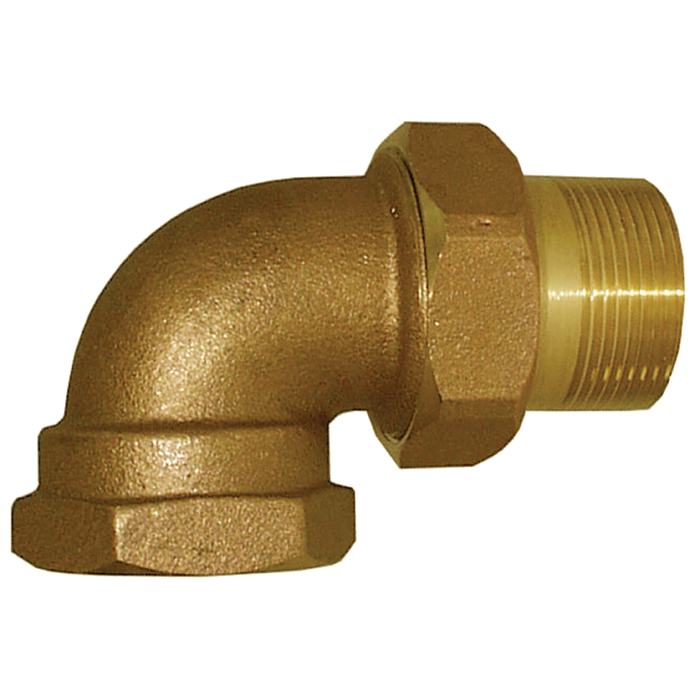 Bronze 90-degree union elbow fitting with threaded and socket connections on white background.