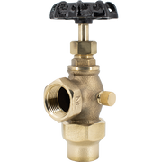Brass ball valve with black hand wheel, female inlet connection, and male outlet port visible from front angle.
