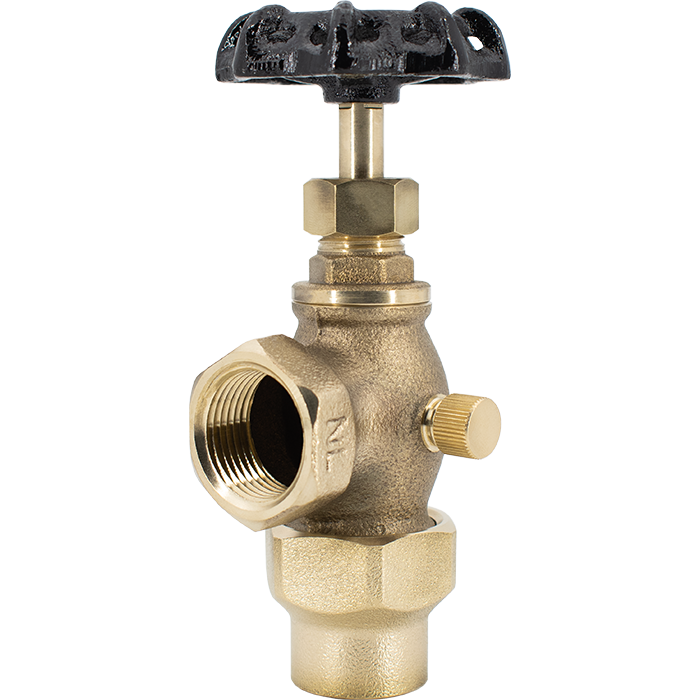 Brass ball valve with black hand wheel, female inlet connection, and male outlet port visible from front angle.