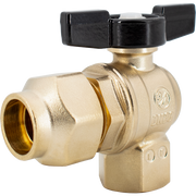Brass gate valve with black butterfly handle and threaded female connections on two sides.