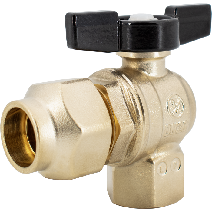 Brass gate valve with black butterfly handle and threaded female connections on two sides.