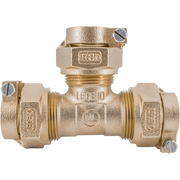 Bronze tee valve fitting with three pack joint connections and adjustment screws on sides.