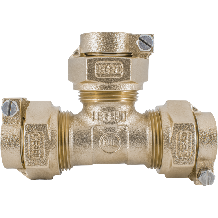 Bronze tee valve fitting with three pack joint connections and adjustment screws on sides.
