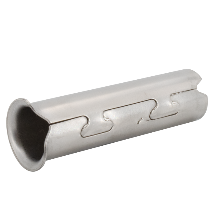 Stainless steel insert stiffener with cylindrical body and two slot openings along the length.