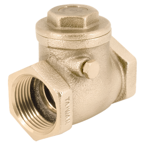 Brass swing check valve with 1/2 inch female threaded connection and small lever on side.