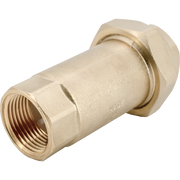 Brass dual check valve with threaded inlet and compression fitting outlet, 1 inch size.