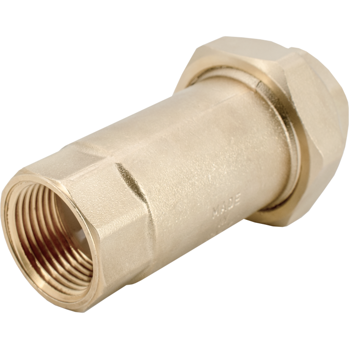 Brass dual check valve with threaded inlet and compression fitting outlet, 1 inch size.
