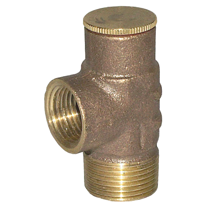 Brass pressure reduce valve with 1/2" T-connections, threaded inlet and outlet ports, and adjustable cap on top.