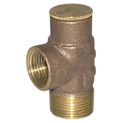 Brass pressure reduce valve with 1/2" threaded connections, cylindrical body with adjustment cap on top.