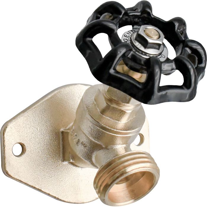 Brass sillcock with black butterfly handle and mounting flange, 1/2" connection.