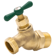 Brass hose bibb with green handle and threaded connections for outdoor water attachment.