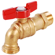 Brass ball hose bibb with red butterfly handle valve and angled outlet connection.