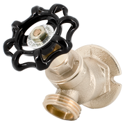 Brass sillcock valve with black star-shaped handle and threaded outlet connection.