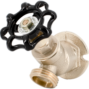 Brass sillcock valve with black star-shaped handle and threaded outlet connection.
