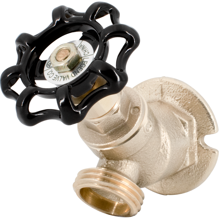 Brass sillcock valve with black star-shaped handle and threaded outlet connection.
