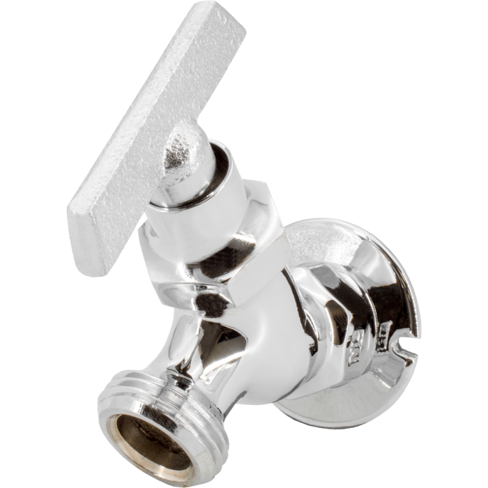 Brass sillcock valve with chrome finish, 1/2" threaded outlet, and lever handle for water control.