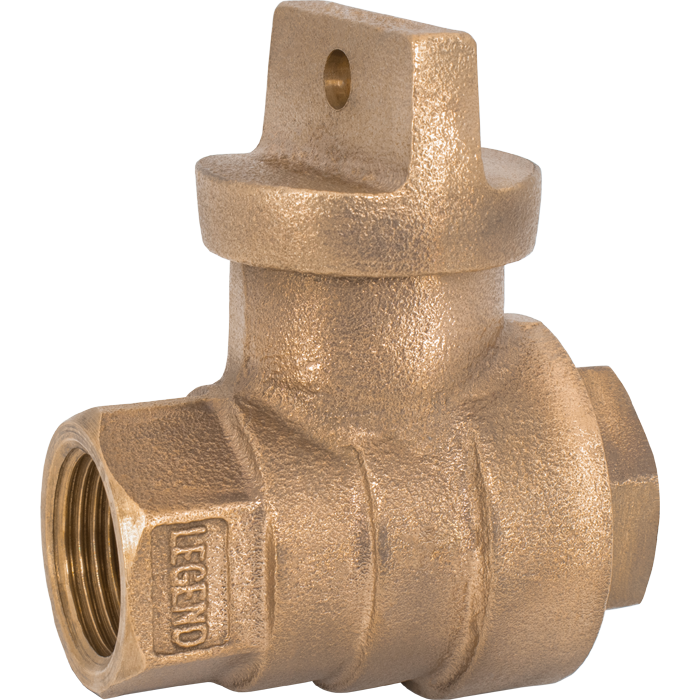 Bronze curb stop valve with 1 inch FNPT connection and rectangular mounting lug on top.