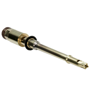 Metal valve stem and cartridge assembly with brass components, black rubber seal, and threaded connection end.